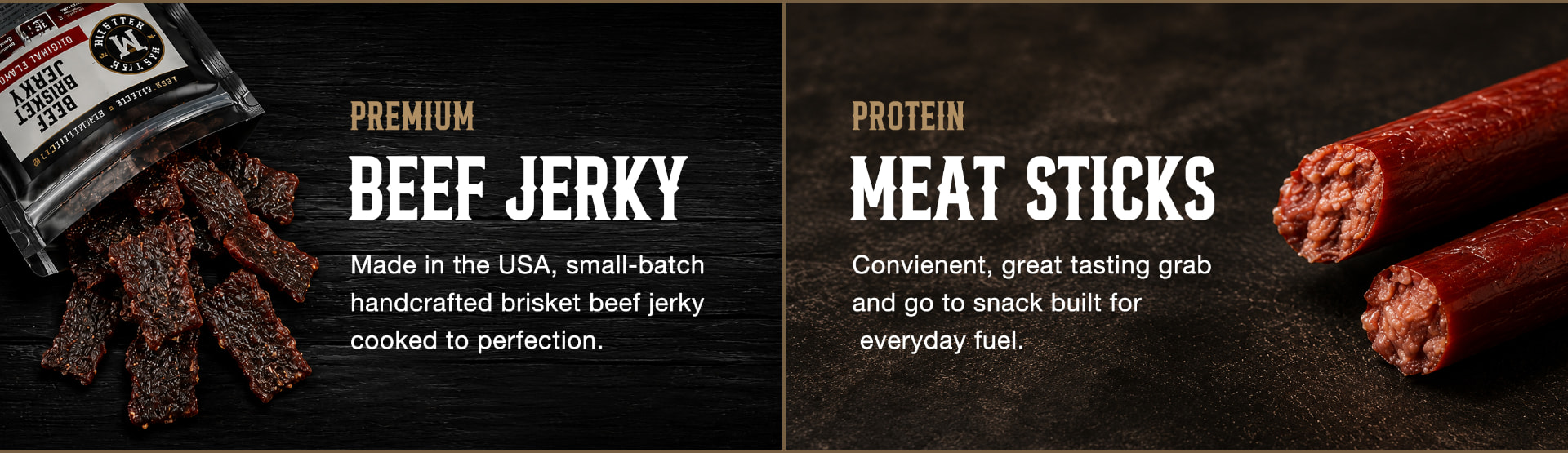 Master Beef Jerky products: premium beef jerky made in the USA, small-batch handcrafted brisket beef jerky cooked to perfection, and protein meat sticks — a convenient, great tasting grab-and-go snack built for everyday fuel